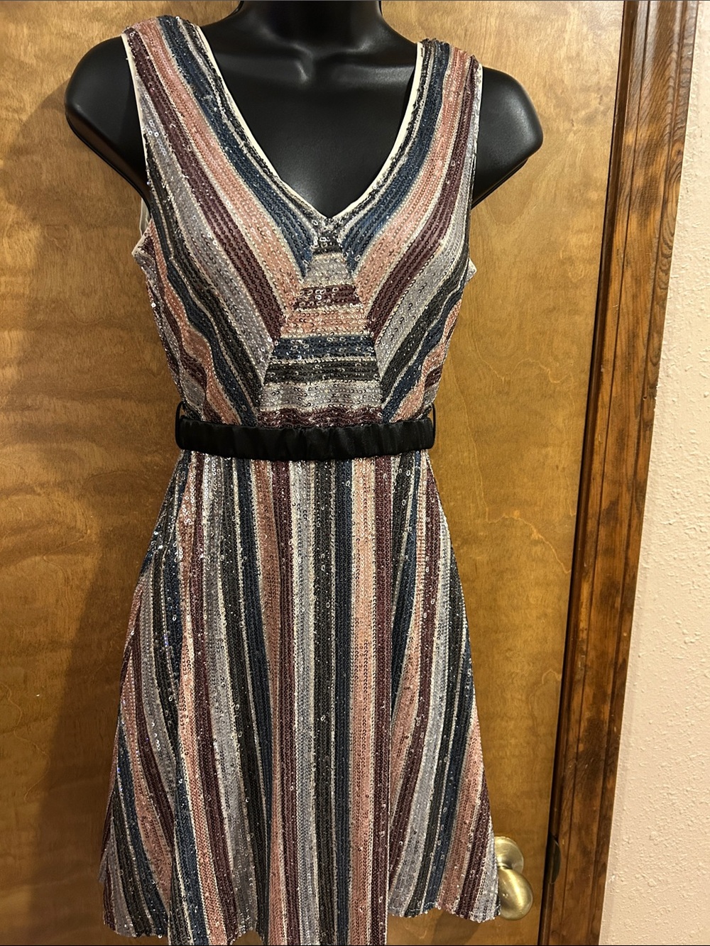 Sleeveless V-Neck Striped Sequin Dress in Multi-Color - Homecoming